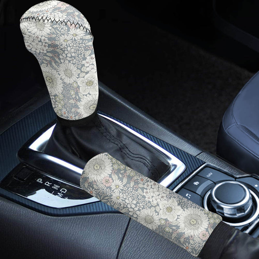 Snowy Field of flowers Gear lever cover+Hand brake cover fitted on a car gear stick and handbrake