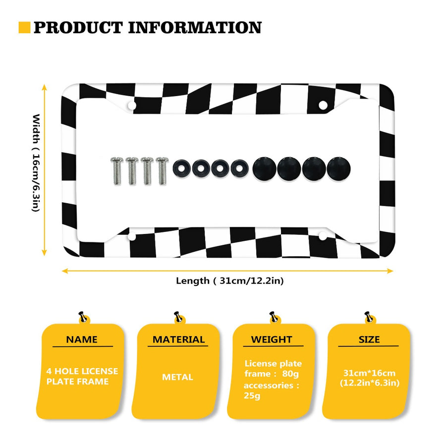 Wavy Black and White Checkered License Plate Frame, product information and mounting screws