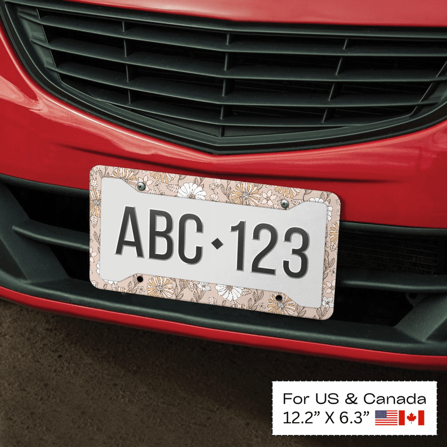 Creamy Flowers License Plate Frame fitted on a car