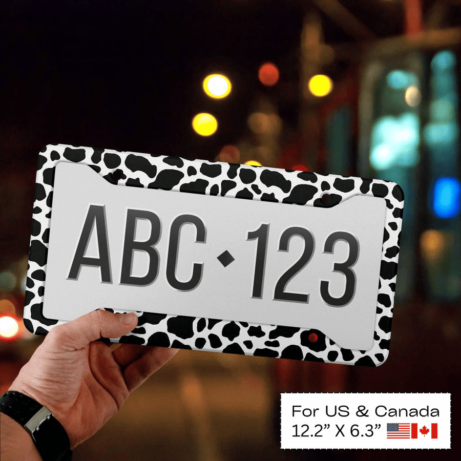 Cow Print License Plate Frame, close-up of the frame
