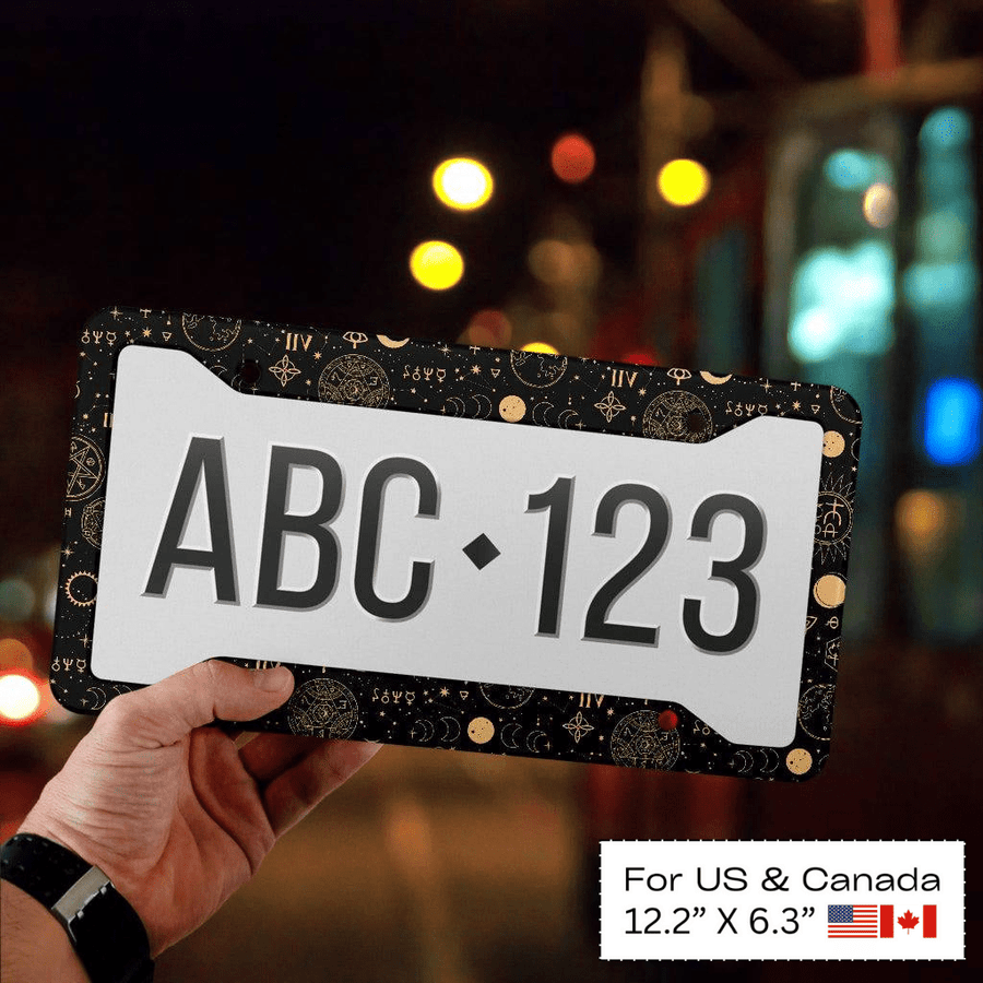 Black And Sand Celestial License Plate Frame, close-up of the frame