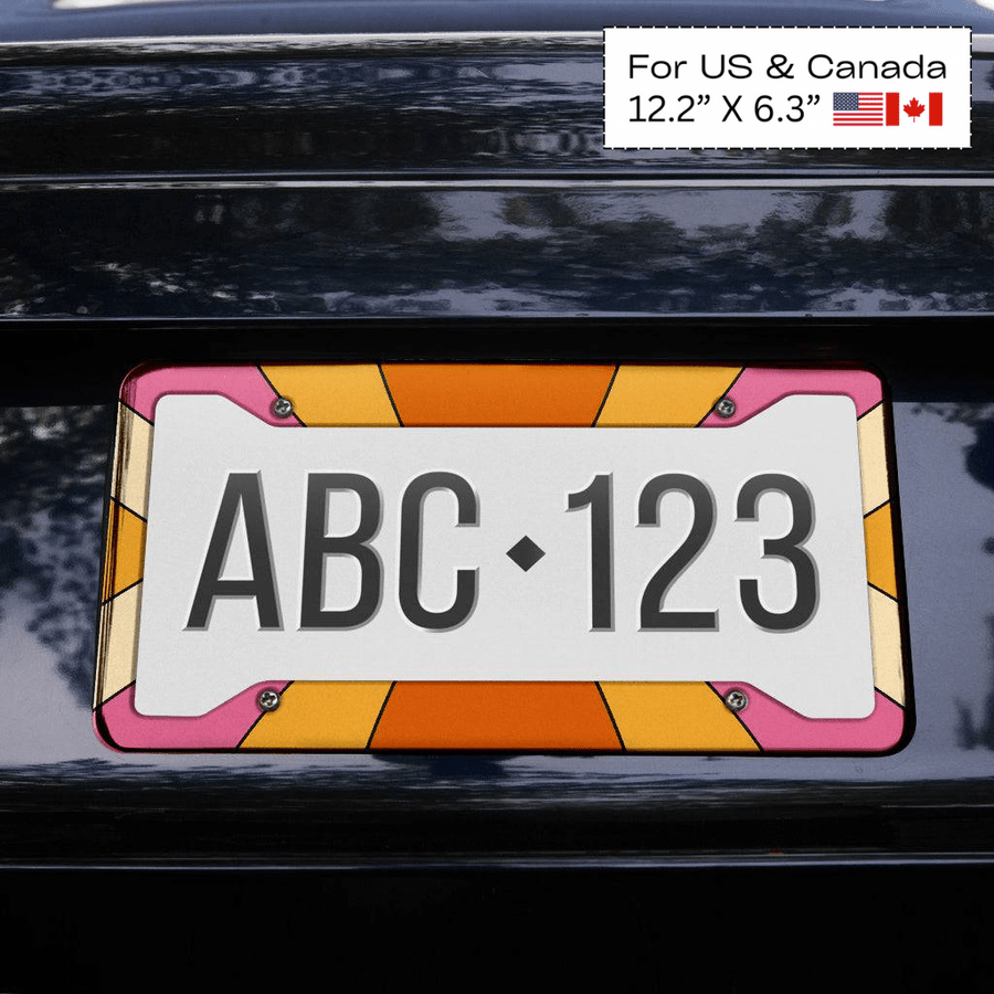 Vintage 1970s Burnt Orange Yellow Pink & Beige Retro Rays License Plate Frame fitted on a car