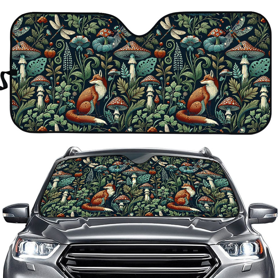 Woodland Fox Car Shade in a car windscreen and on its own (view 2)