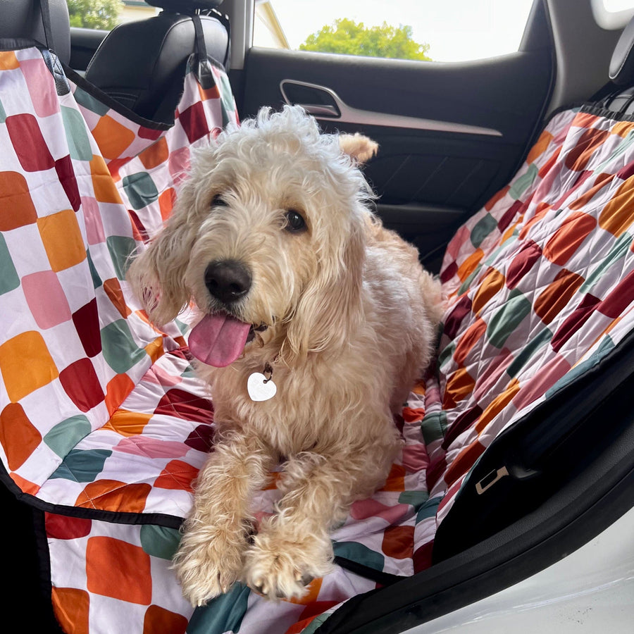 Boho Checkered Dog Car Seat Covers with a dog sitting on it in a car