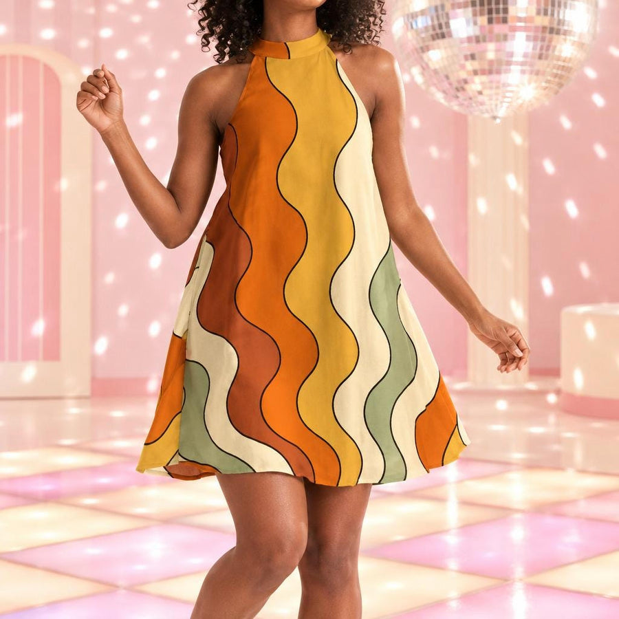 Retro Groovy Vibes Halter Dress worn while dancing at a pastel disco party under a mirror ball