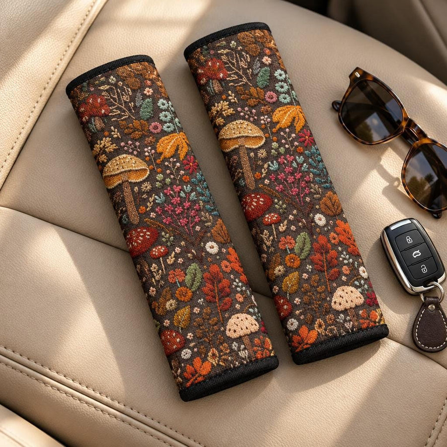 Brown Mushrooms Seat Belt Covers (Set of 2) lying side by side on a tan leather car seat with sunglasses and a car key
