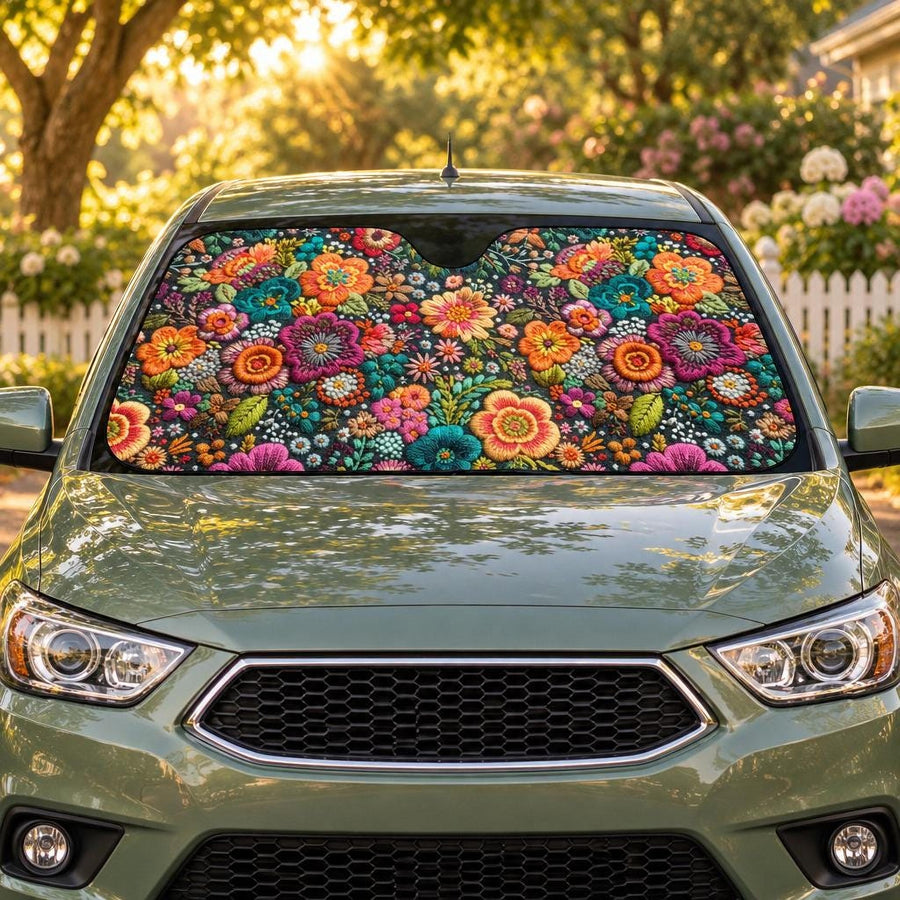 Purple Flowers Car Shade fitted in the windscreen of a sage-green hatchback on a leafy street at golden hour, printed side facing out