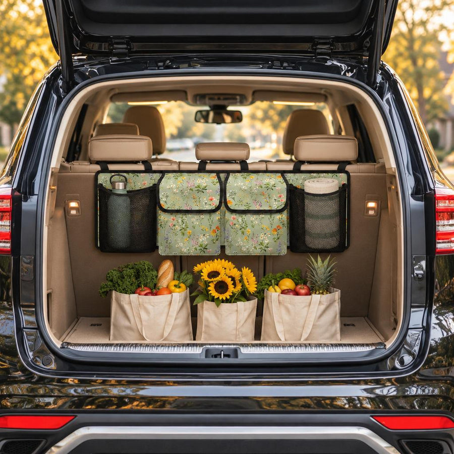 Sage Green Wildflowers Car Trunk Organiser hanging from the rear headrests in an SUV boot, with two flap pockets and two mesh side pockets