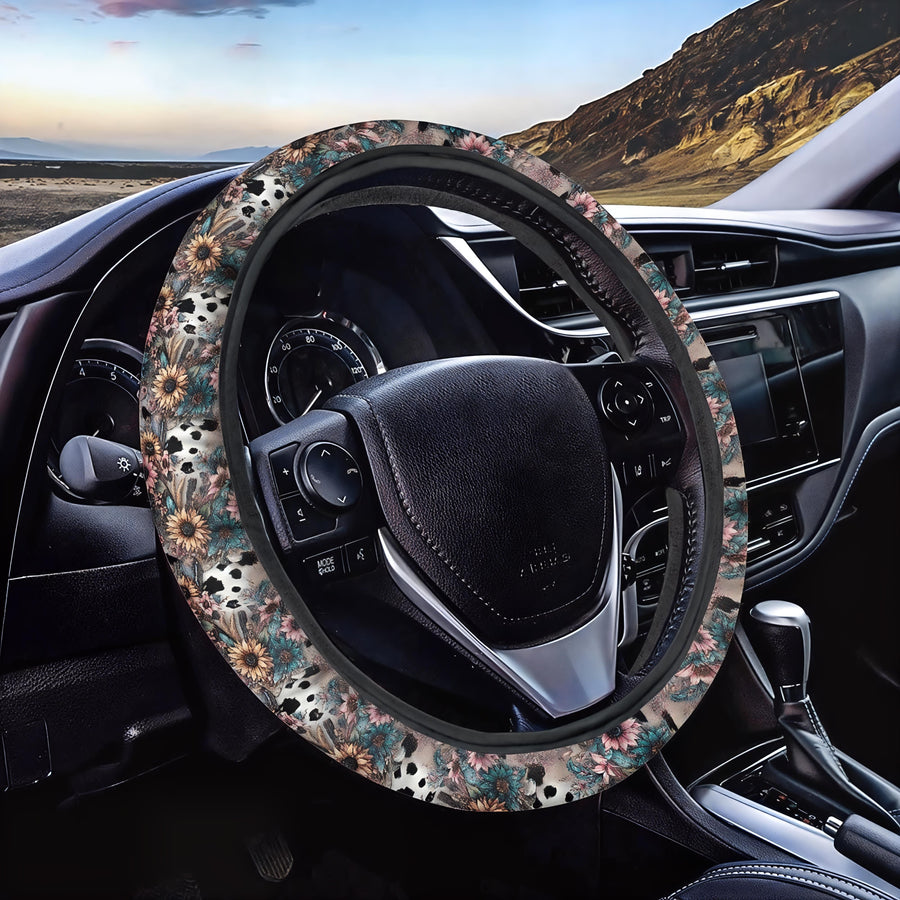 Western Cow & Sunflower Steering Wheel Covers fitted on a car steering wheel