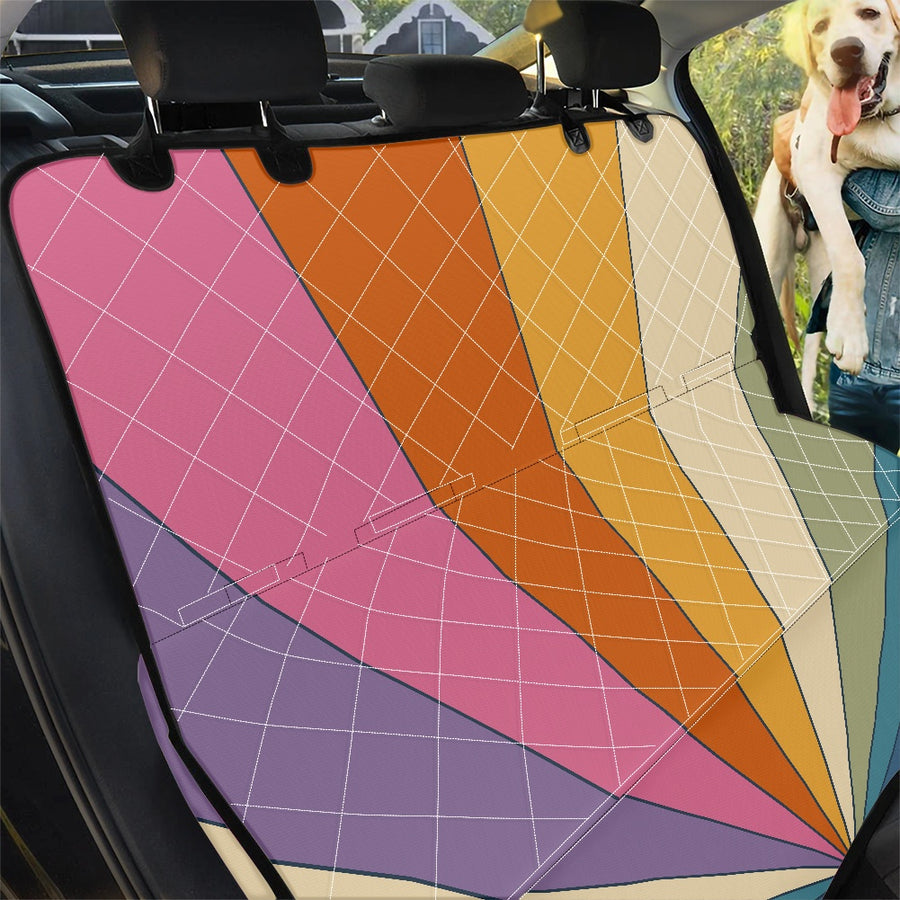 Descending Rainbow Dog Car Seat Covers fitted across a car back seat