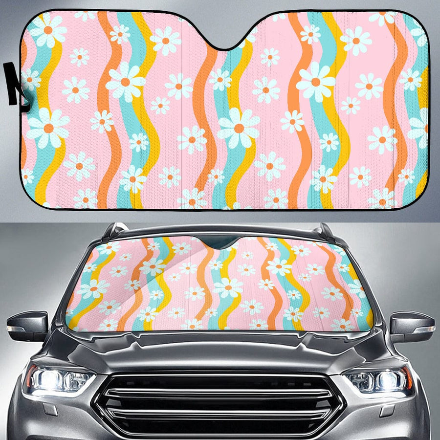 Pastel Pink Groovy Flowers Car Shade open and fitted in a car windscreen