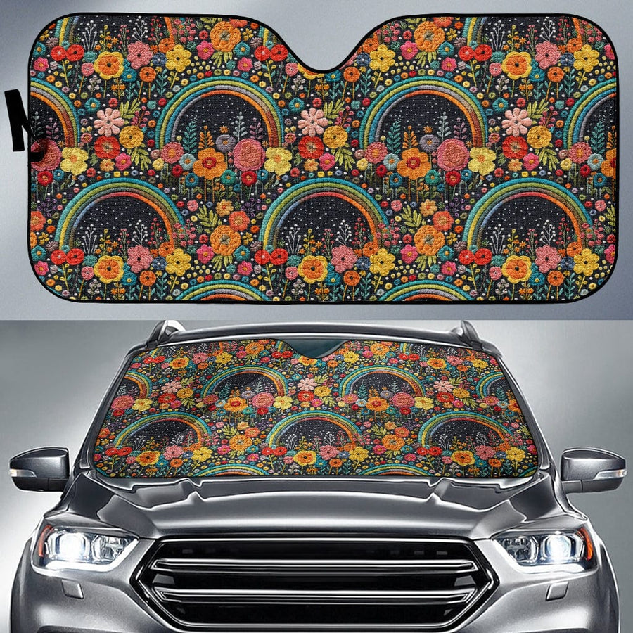 Rainbow Arch Car Shade open and fitted in a car windscreen