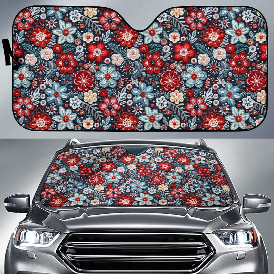 Winter Flowers Car Shade open and fitted in a car windscreen