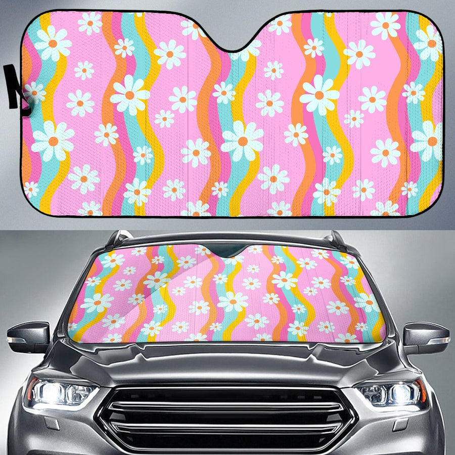 Pink Groovy Flowers Flowers Car Shade open and fitted in a car windscreen
