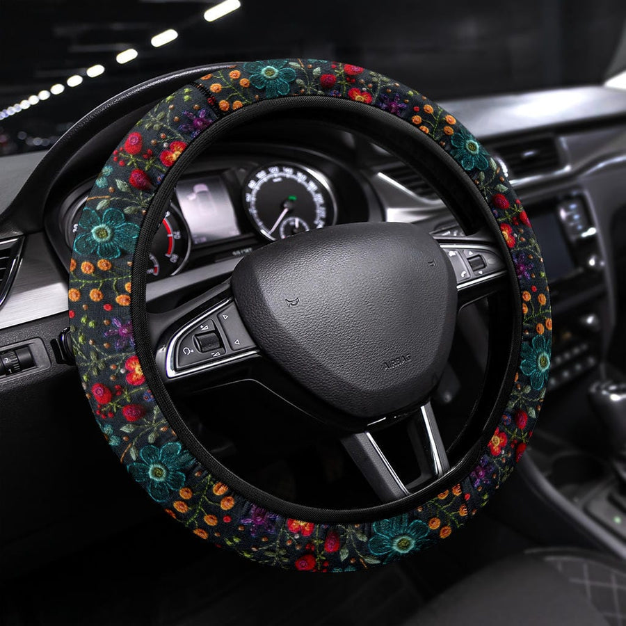 Felt Flowers Steering Wheel Covers fitted on a steering wheel