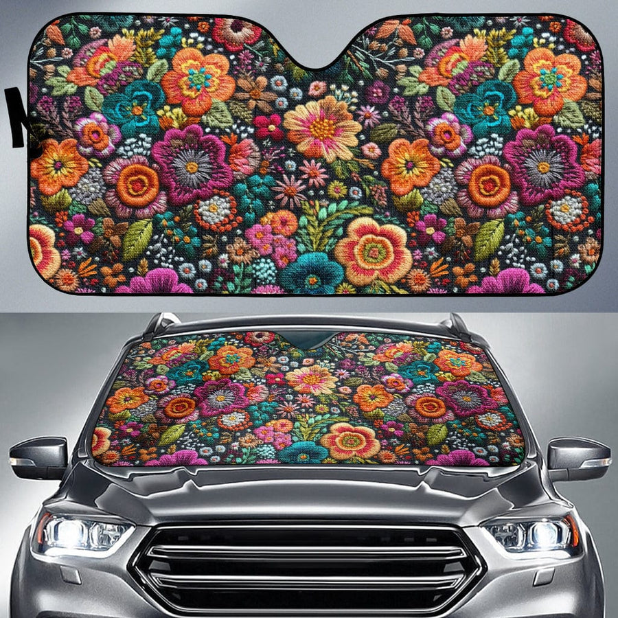 Purple Flowers Car Shade open and fitted in a car windscreen