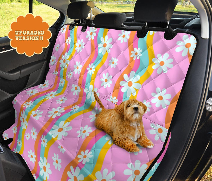 Pink Groovy Flowers Dog Car Seat Covers with a dog sitting on it in a car back seat