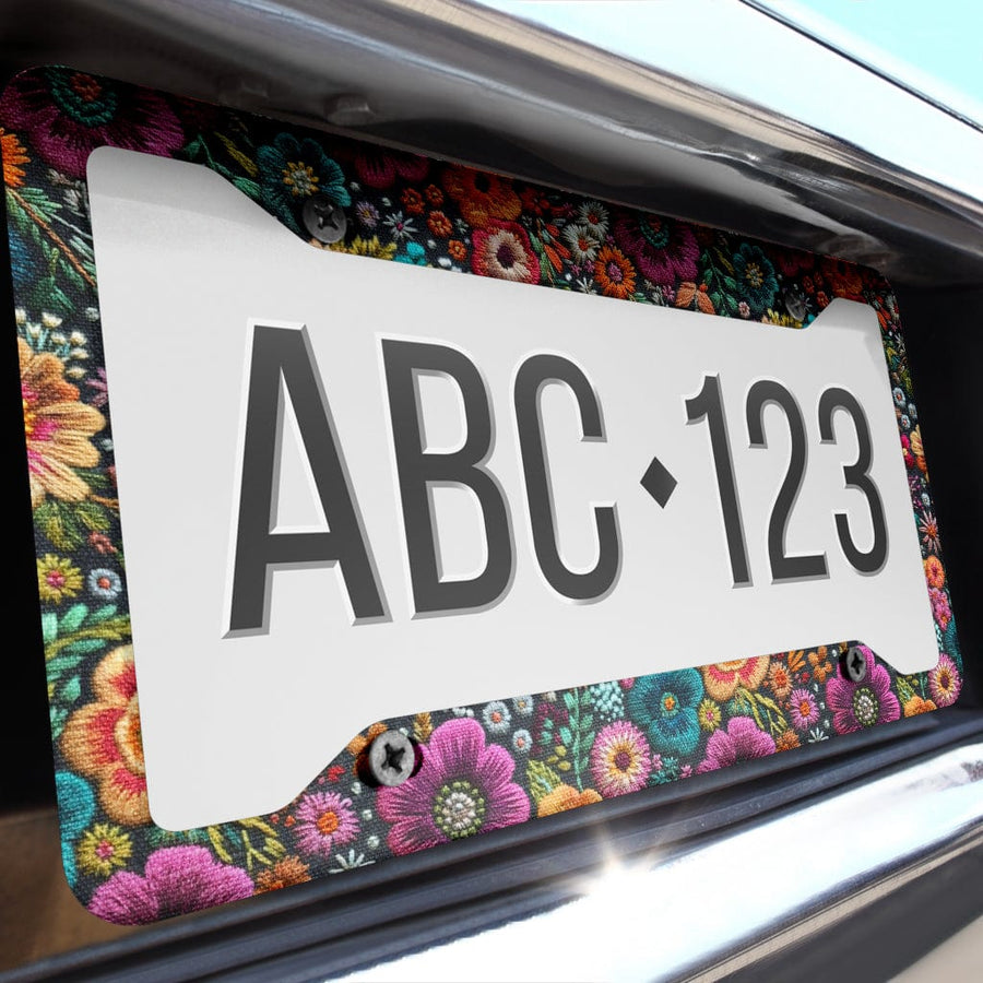 Purple Flowers License Plate Frame, close-up of the frame