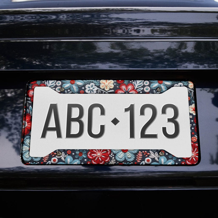 Winter Flowers License Plate Frame on the back of a car