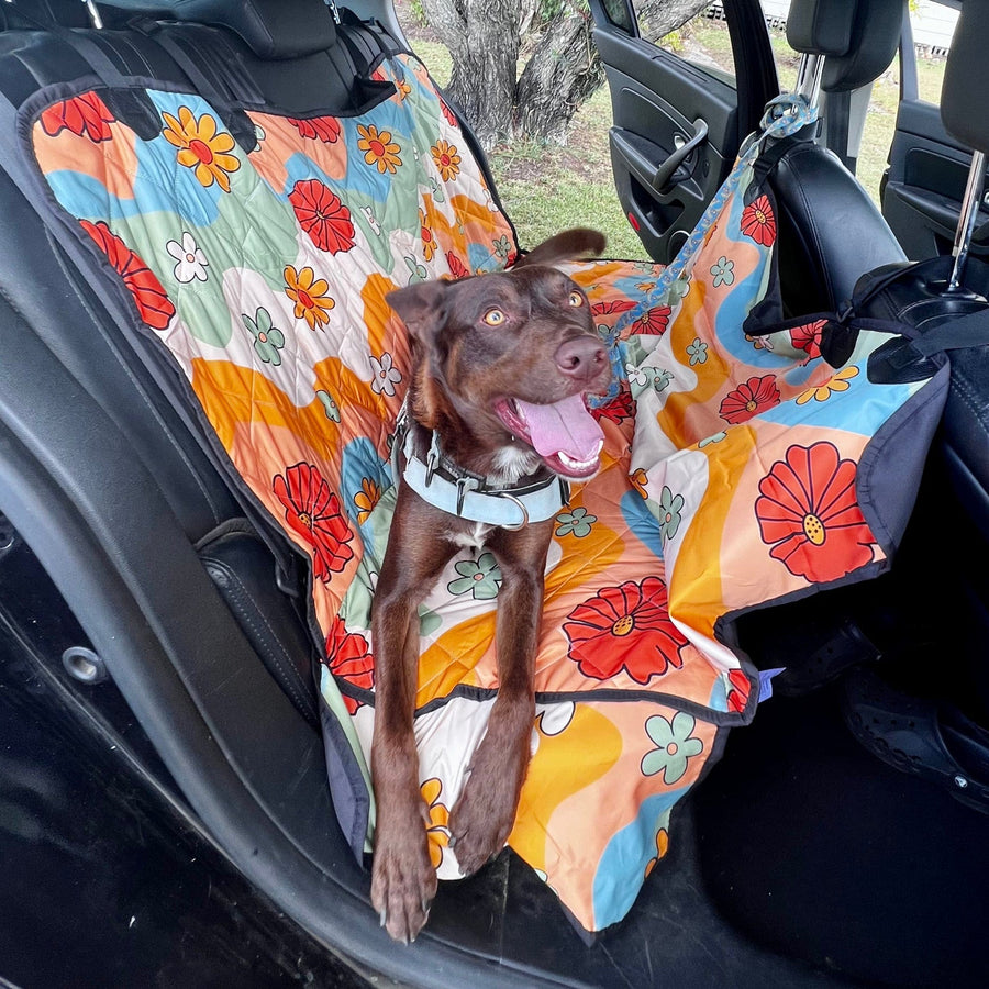 Groovy Daisy Mod Dog Car Seat Covers with a dog sitting on it in a car