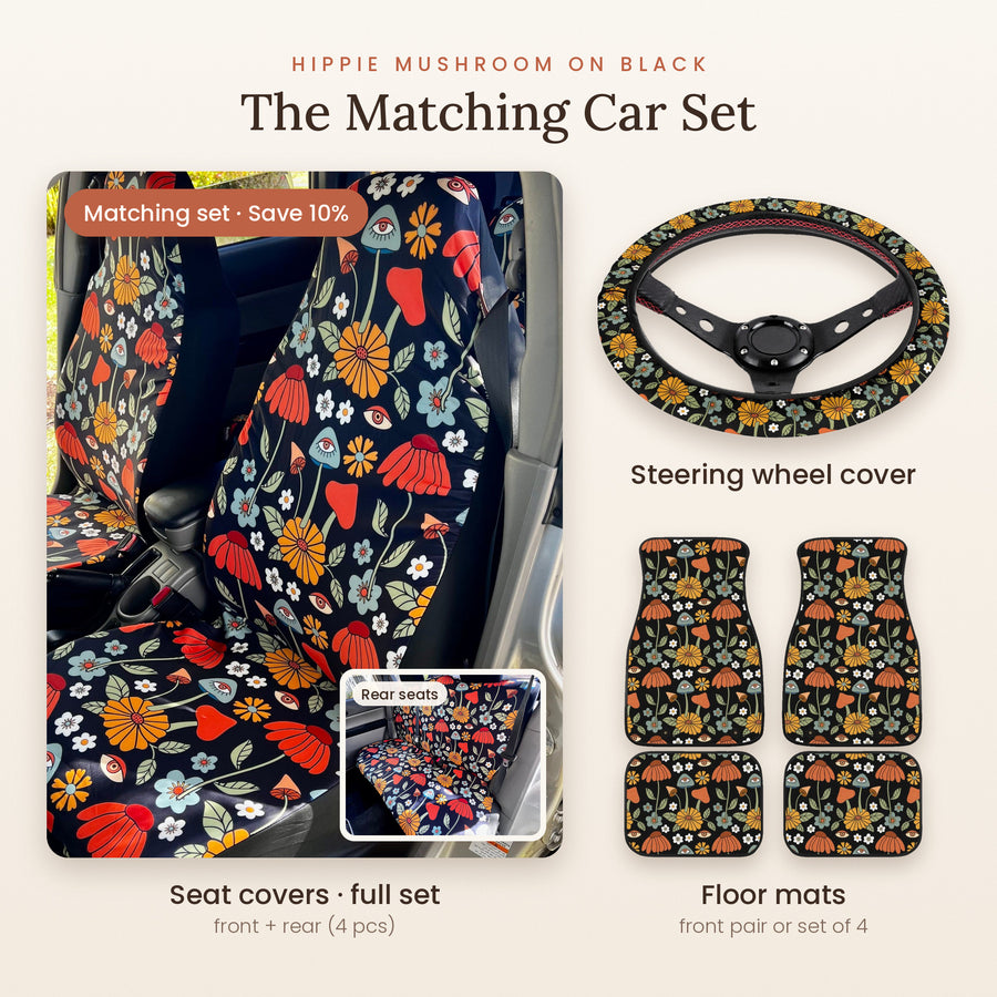 Hippie Mushroom On Black Matching Car Set: seat covers full set, steering wheel cover and floor mats