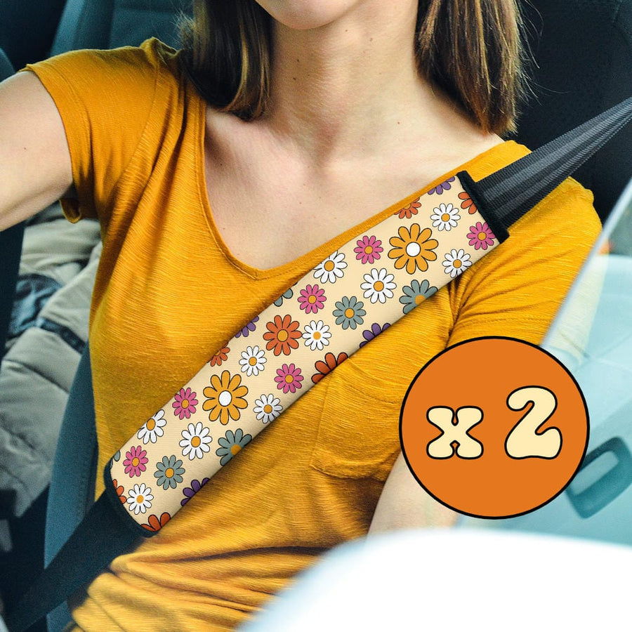 Boho Hippie Daisies Seat Belt Covers (Set of 2) on a car seat belt
