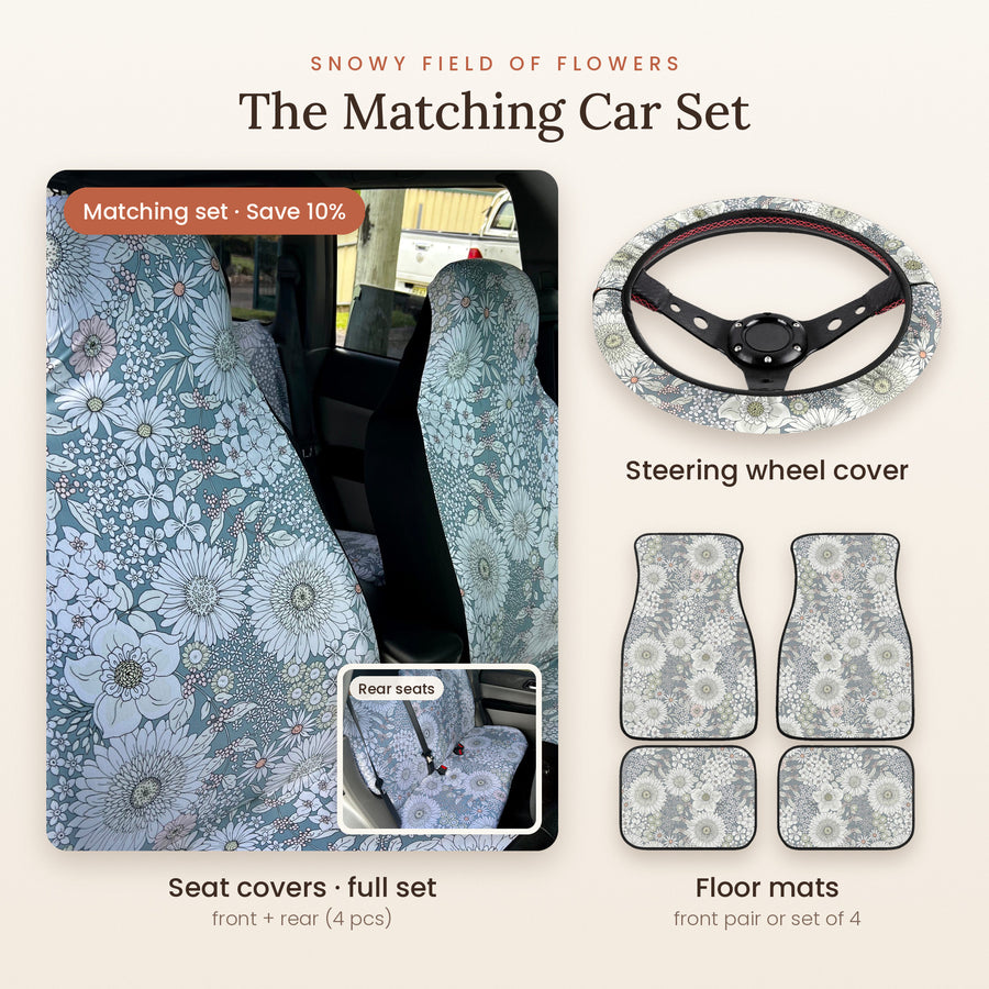 Snowy Field Of Flowers Matching Car Set: seat covers full set, steering wheel cover and floor mats