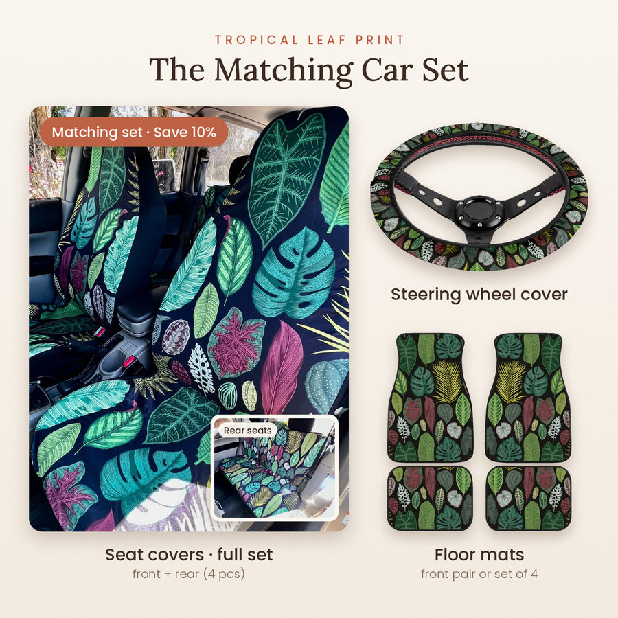 Tropical Leaf Print Matching Car Set: seat covers full set, steering wheel cover and floor mats