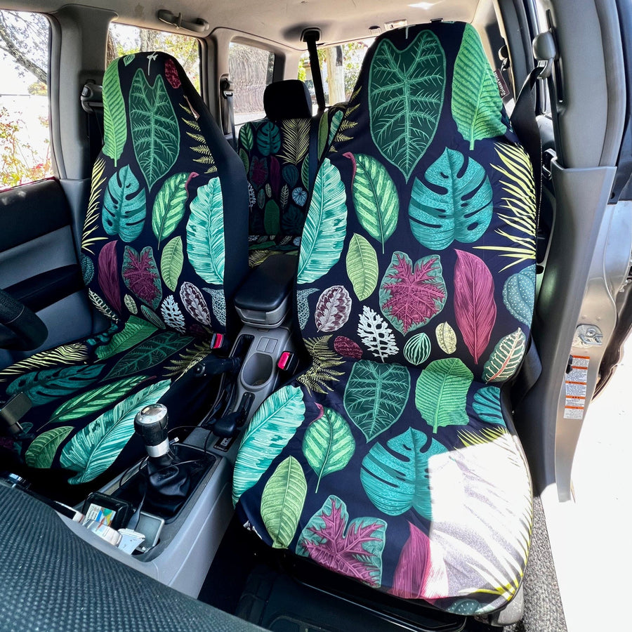 Tropical Leaf Print Car Seat Covers fitted on car seats (view 2)