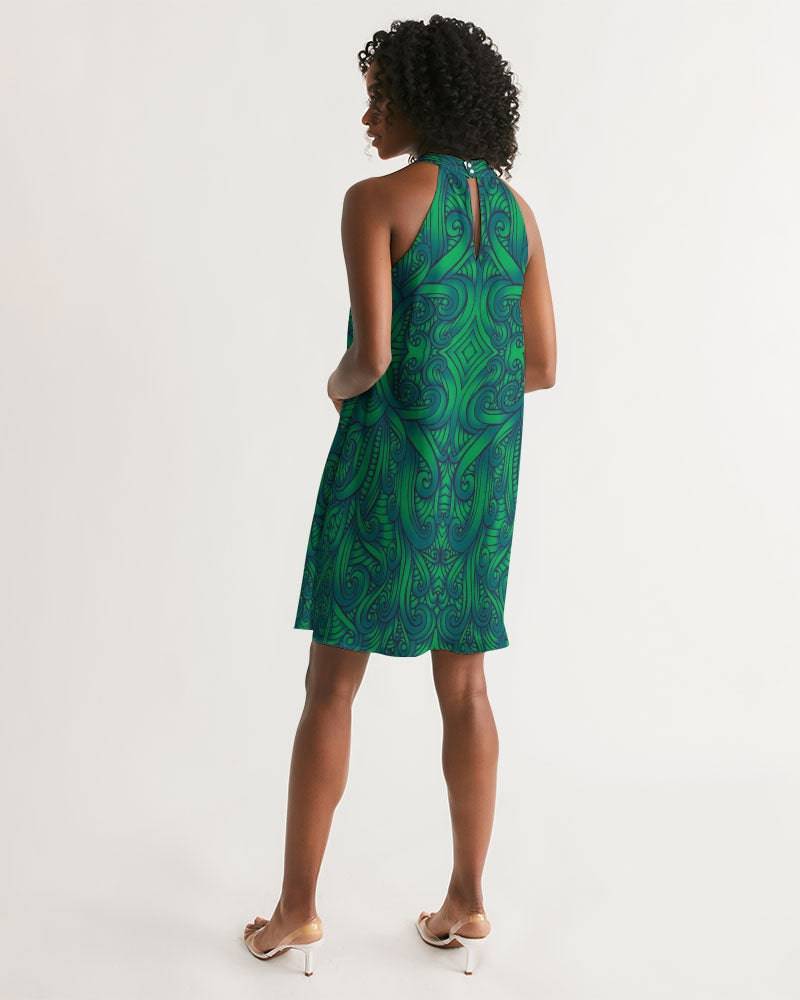 Maori Green Fern Halter Dress worn by a model