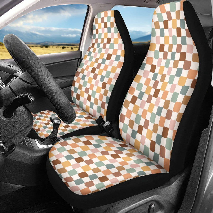 Boho Checkered Faux Suede Car Seat Covers (Set of 2) fitted on front car seats