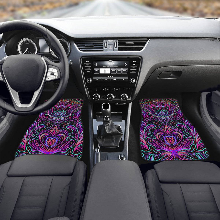 Trippy Psychedelic Purple Pink Car Floor Mats, front mats fitted in a car