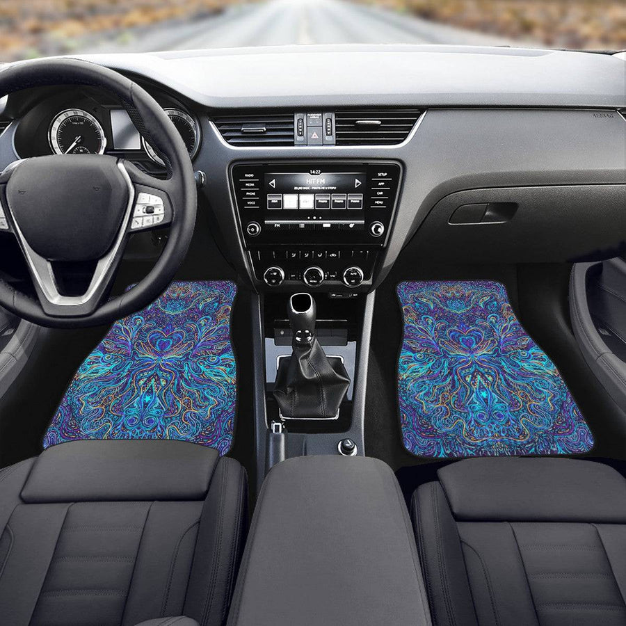 Trippy Psychedelic Blue Turquoise Car Floor Mats, front mats fitted in a car