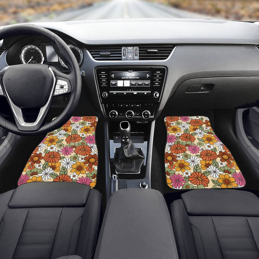 Hippie Flower Power Car Floor Mats, front mats fitted in a car