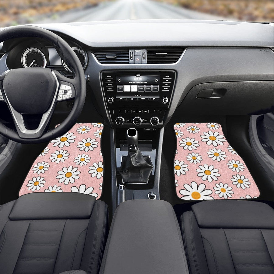 Pink Daisy Car Floor Mats, front mats fitted in a car