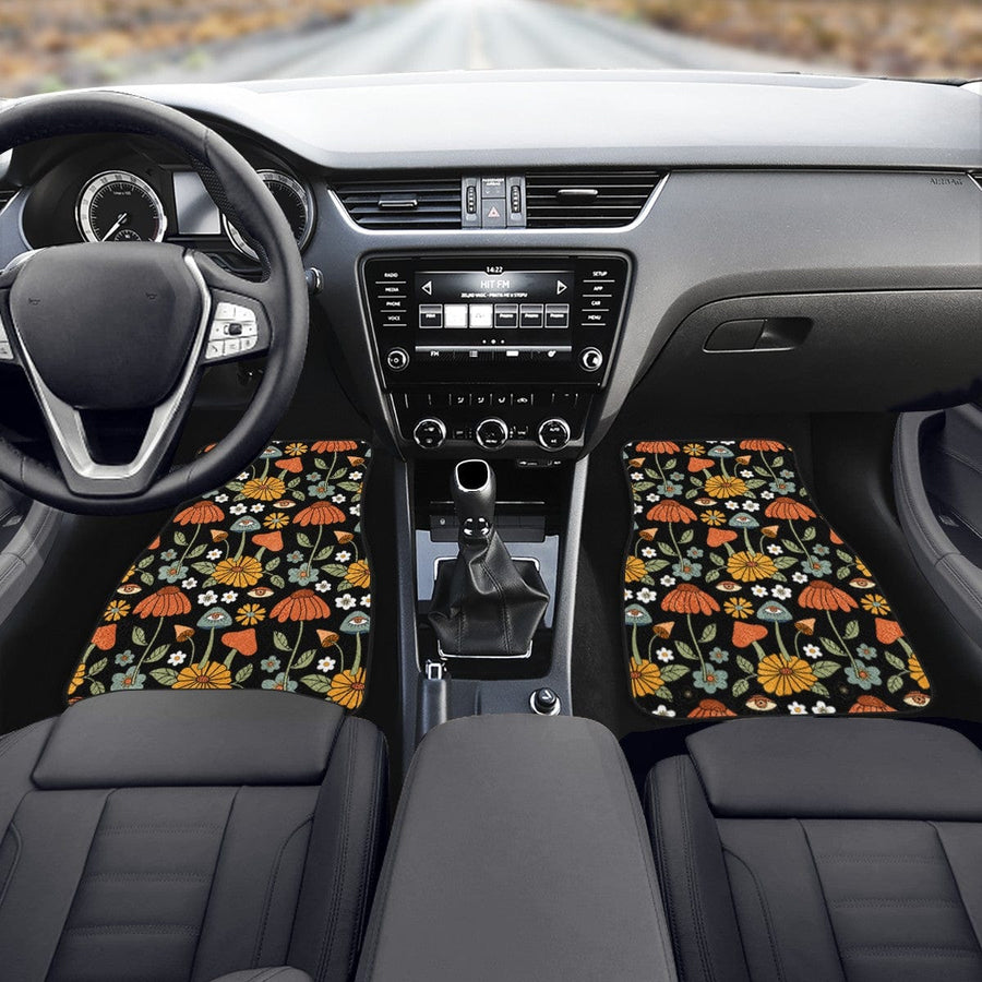 Hippie Mushroom On Black Car Floor Mats, front mats fitted in a car