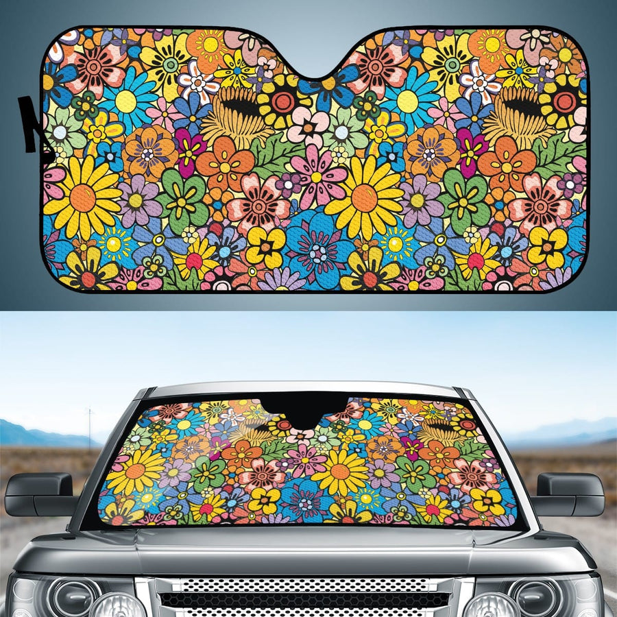 Floral Dream Car Shade open and fitted in a car windscreen