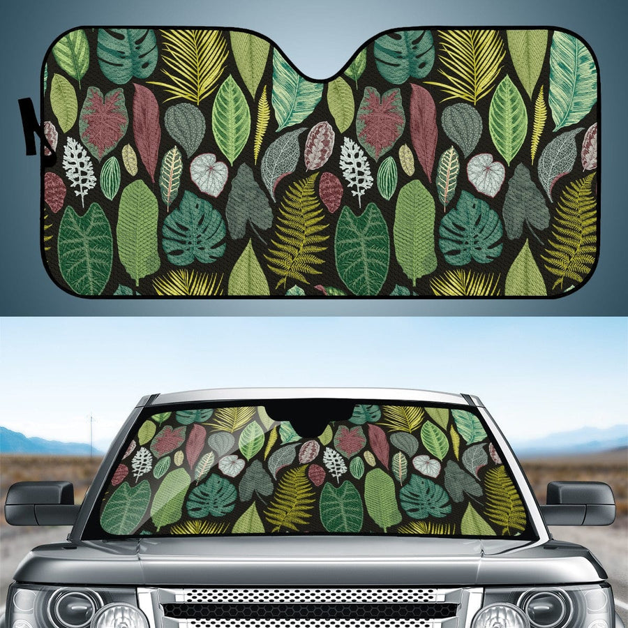 Tropical Leaf Print Love Car Shade open and fitted in a car windscreen