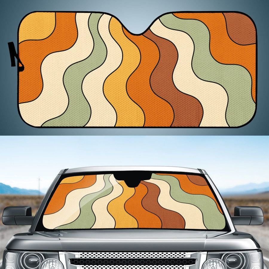 Cascading Retro Vibes Car Shade open and fitted in a car windscreen