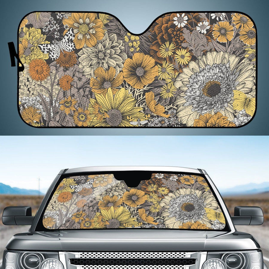 Fall Flowers Car Shade open and fitted in a car windscreen