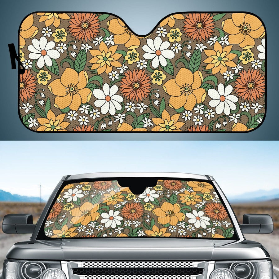 Retro Flowers In Bloom Car Shade open and fitted in a car windscreen