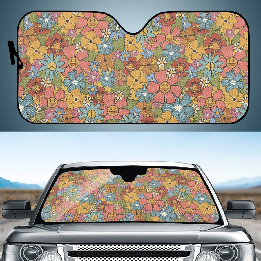 Hippie Smiling Cuties Car Shade open and fitted in a car windscreen