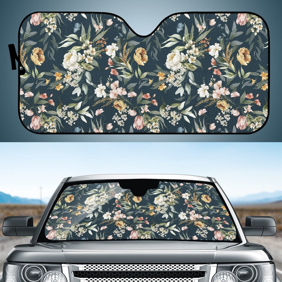 Flowers And Leaves Scenery Car Shade open and fitted in a car windscreen