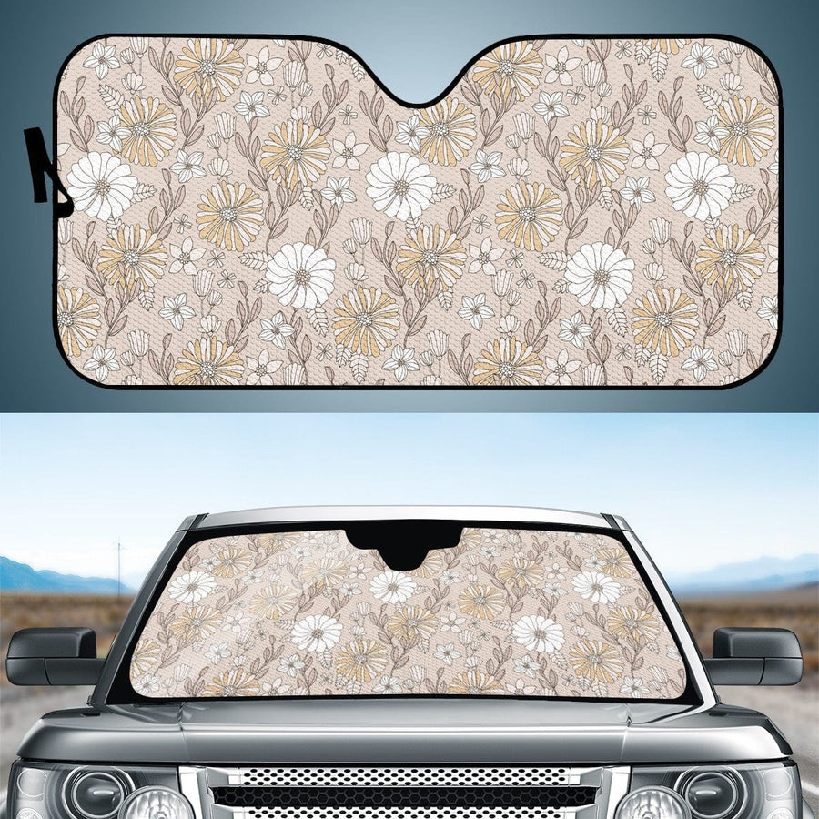 Creamy Flowers Car Shade open and fitted in a car windscreen
