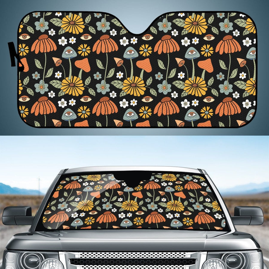 Hippie Mushroom on Black Car Shade open and fitted in a car windscreen