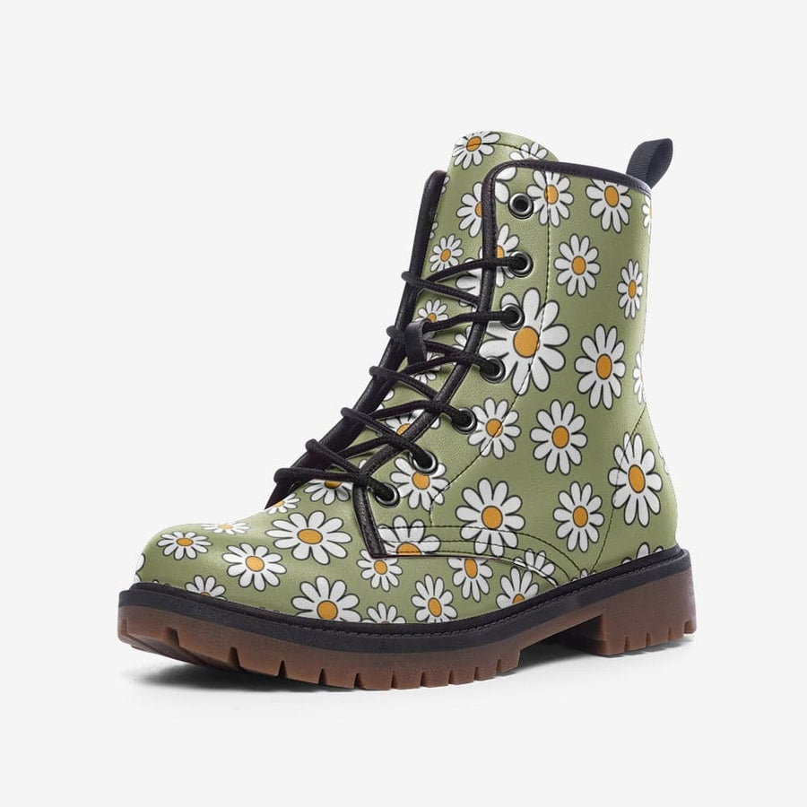 Sage Green Daisy Combat Boots, Retro Daisy Print