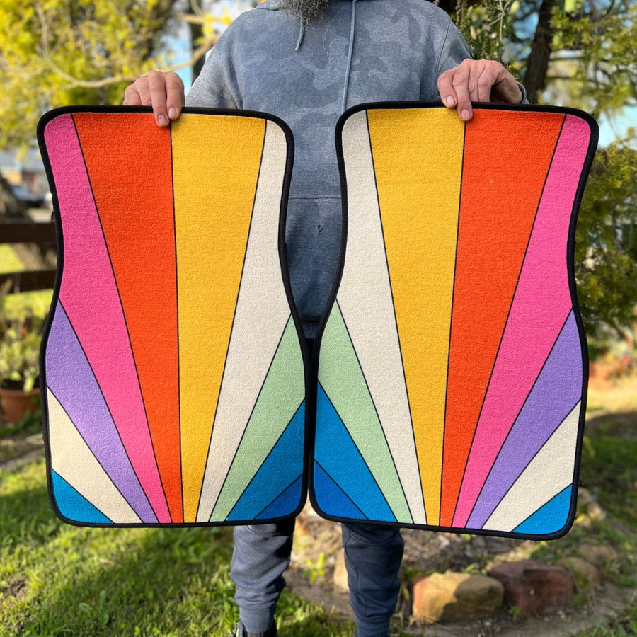 Retro Sun Rays Car Floor Mats held up to show the print