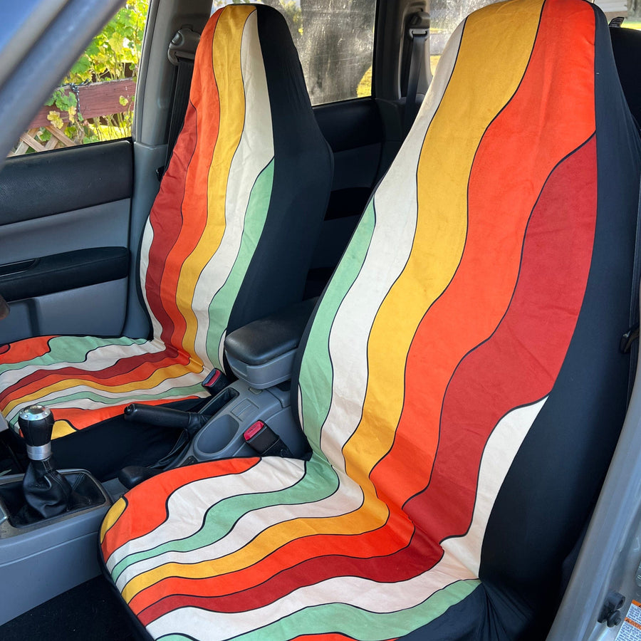 Retro Groovy Vibes Faux Suede Car Seat Covers (Set of 2) fitted on car seats