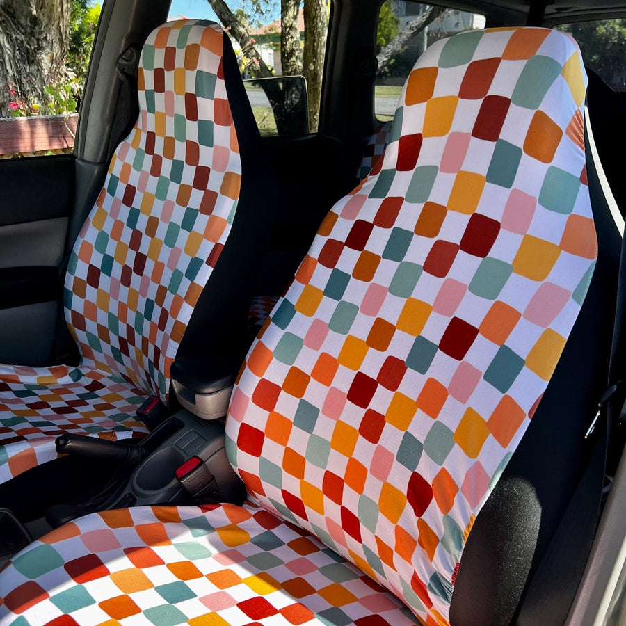 Boho Checkered Car Seat Covers fitted on car seats