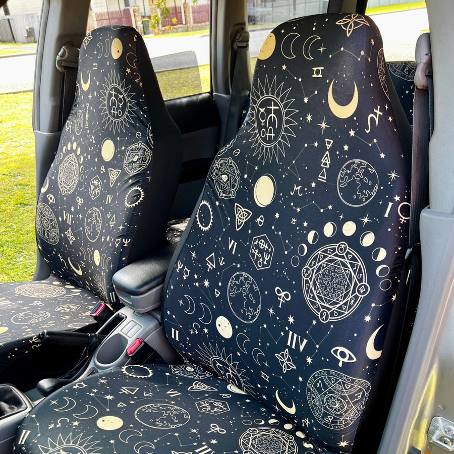 Black And Sand Celestial Car Seat Covers fitted on car seats